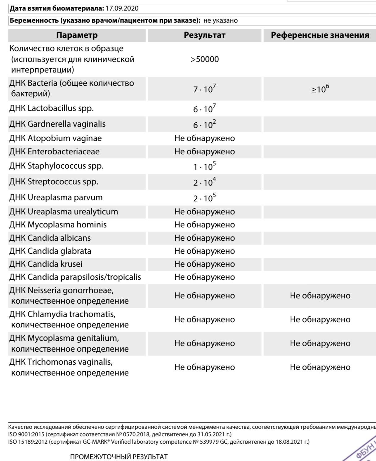 ДНК Lactobacillus SPP норма у женщин